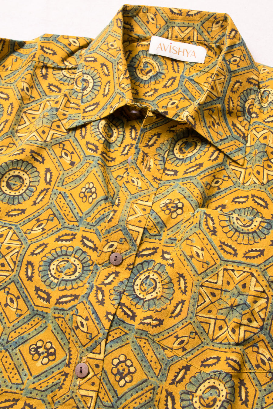 Yellow Half Sleeve Ajrakh Printed Cotton Mens Shirt