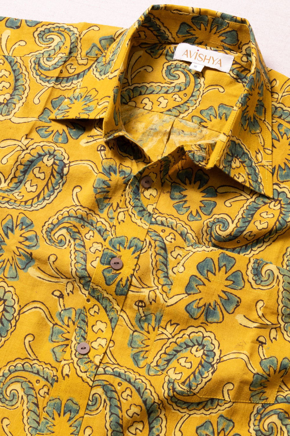 Yellow Half Sleeve Ajrakh Printed Cotton Mens Shirt 