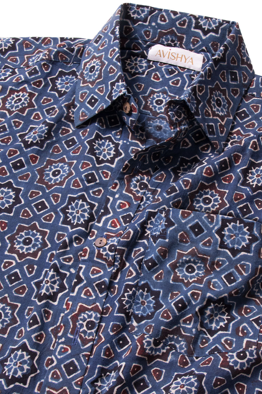 Blue Half Sleeve Ajrakh Printed Cotton Mens Shirt