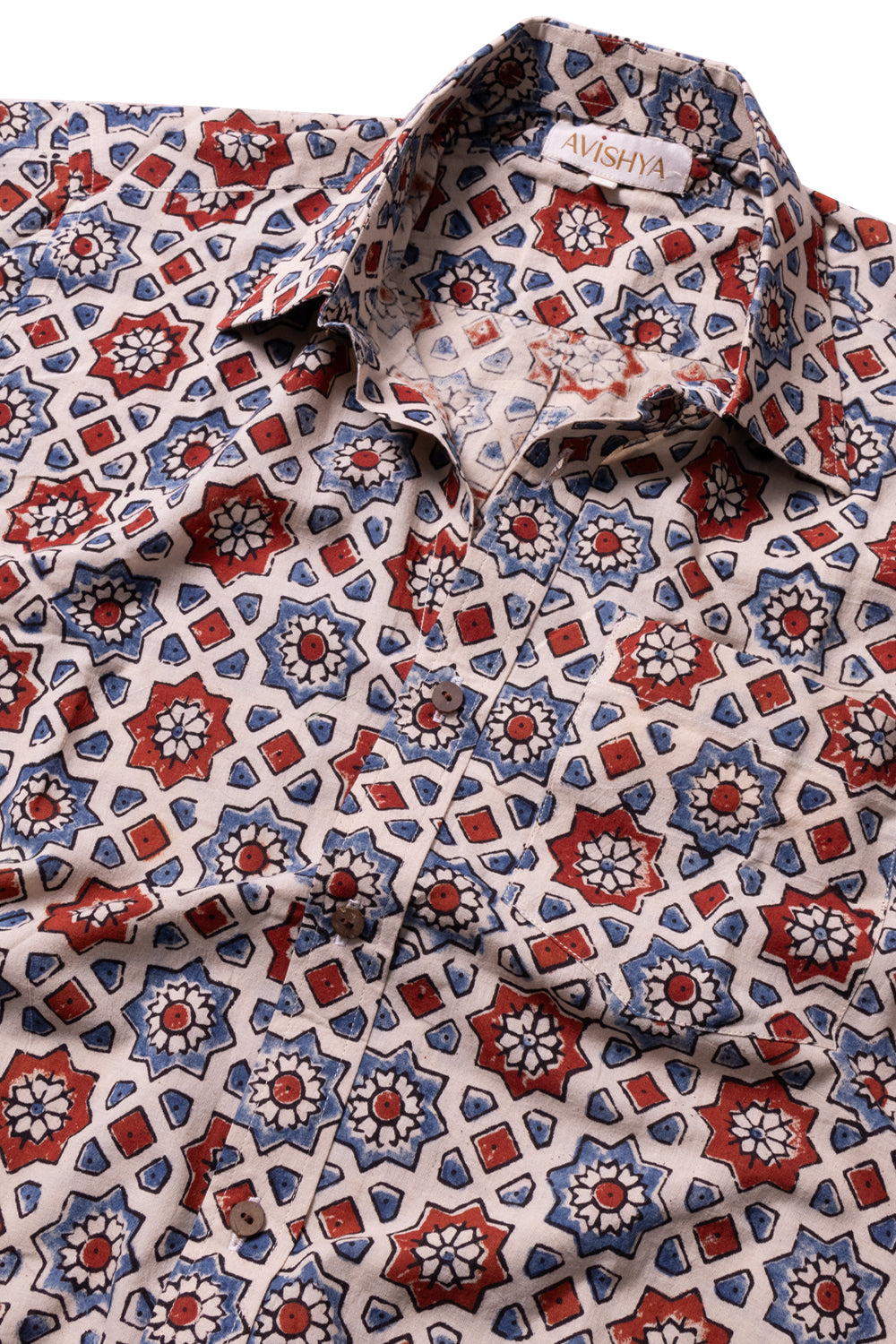 Cream Half Sleeve Ajrakh Printed Cotton Mens Shirt