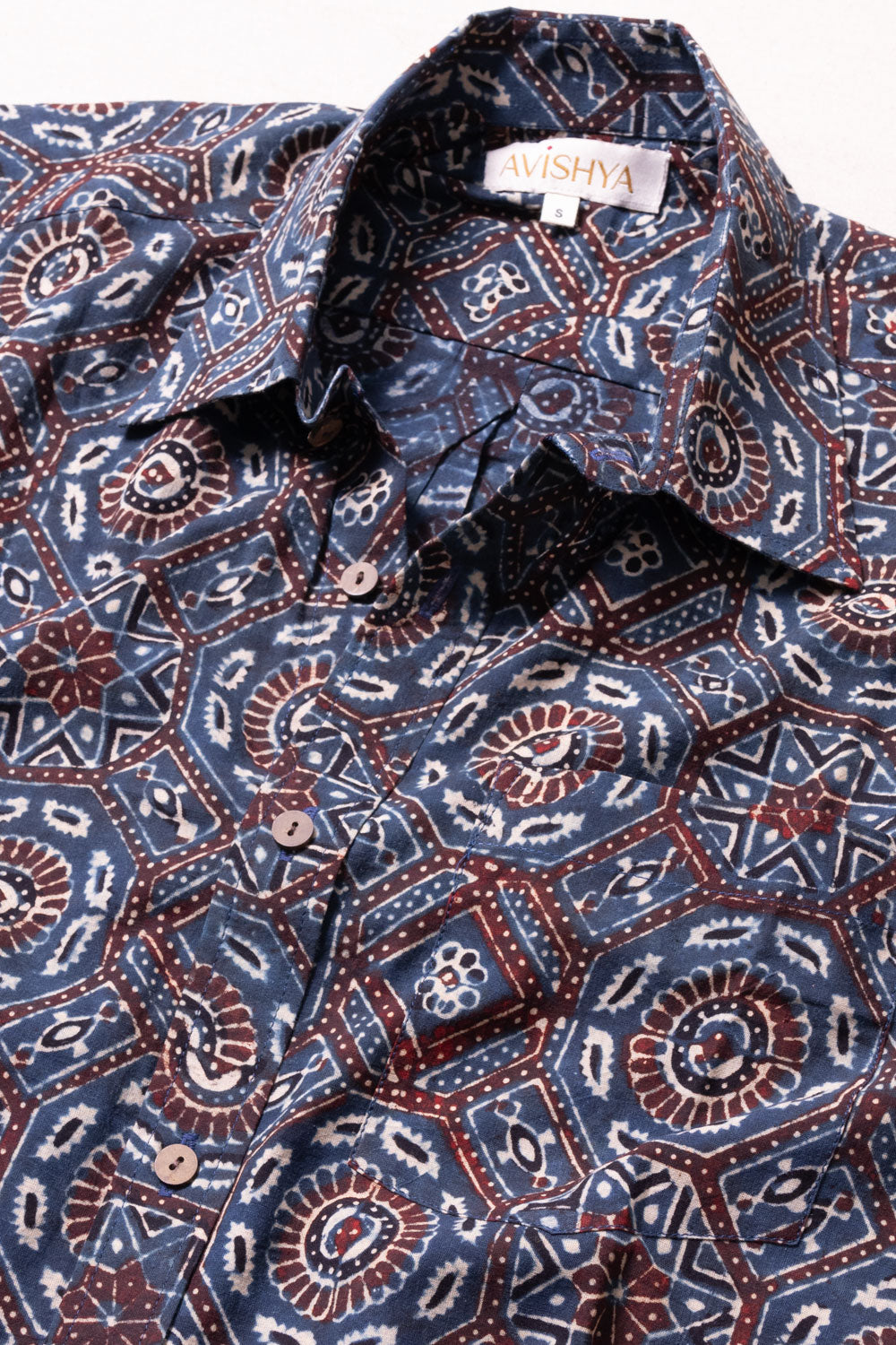 Blue Ajrakh Printed Cotton Mens Shirt 10071095 – Avishya.com