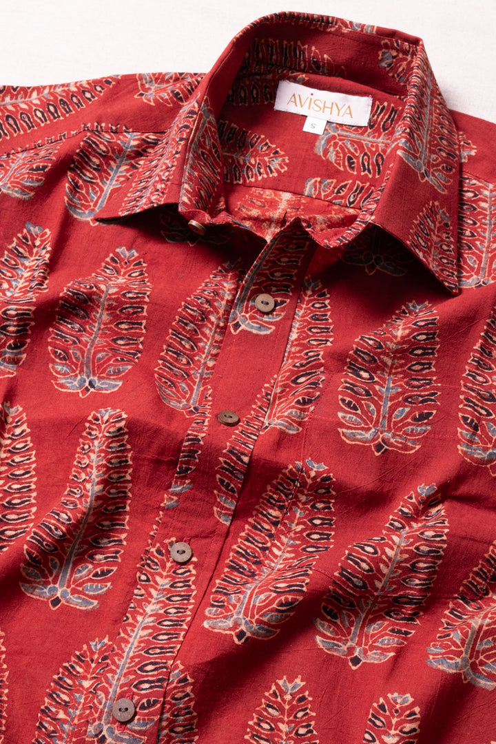 Maroon Half Sleeve Ajrakh Printed Cotton Mens Shirt