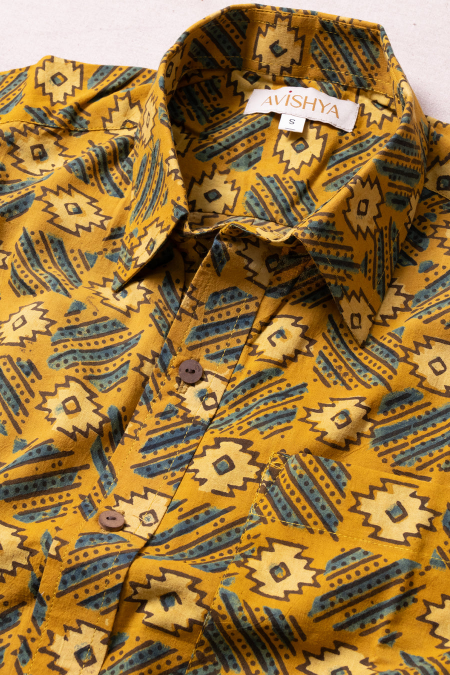 Mustard Yellow Ajrakh Printed Cotton Mens Shirt 10071098