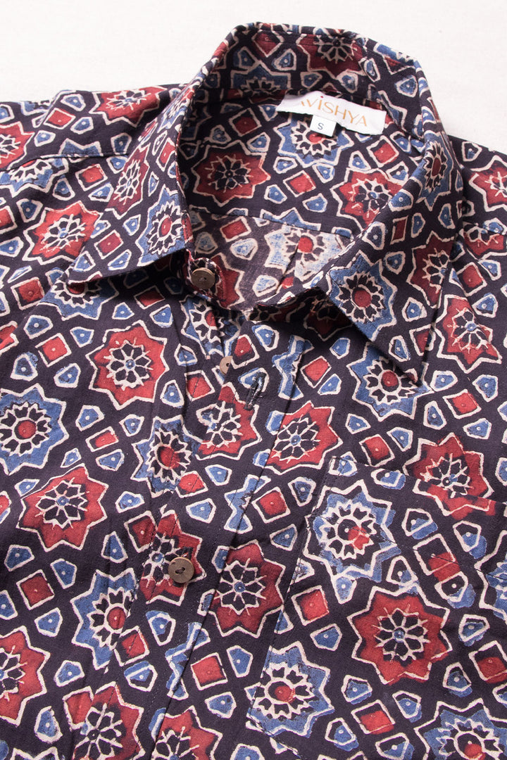 Black Half Sleeve Ajrakh Printed Cotton Mens Shirt