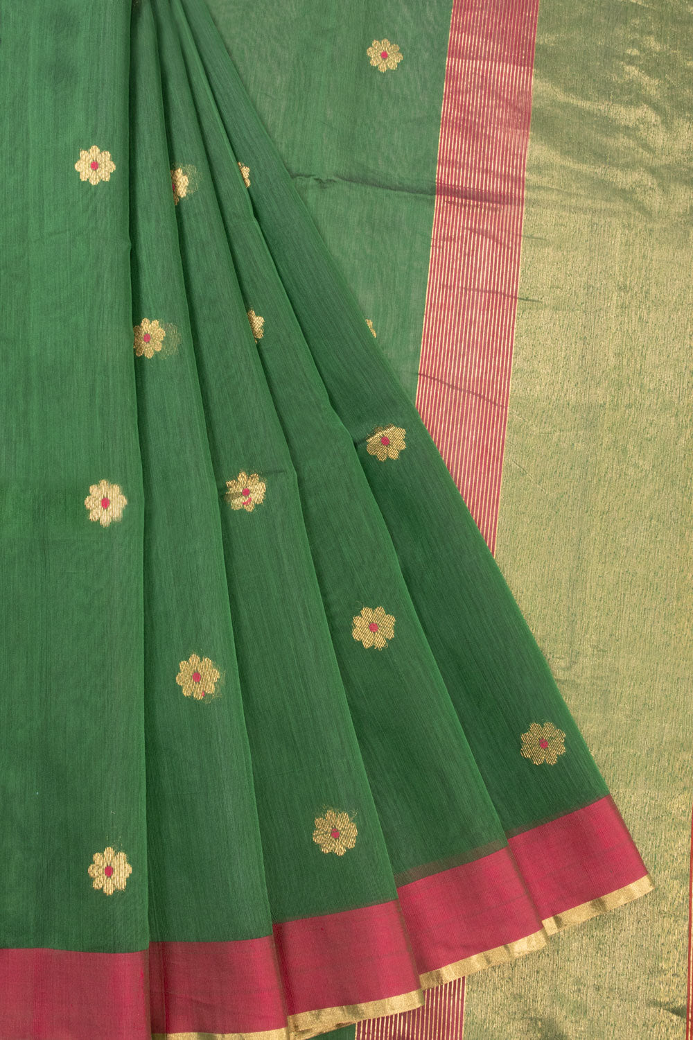 Green Chanderi Silk Cotton Saree With Ganga Jamuna Border