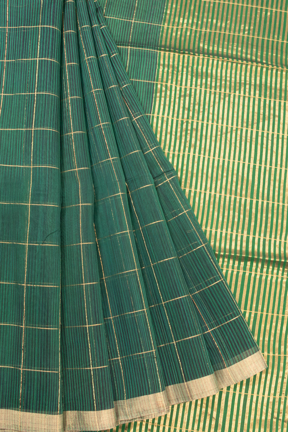 Green Handwoven Chanderi Silk Cotton Saree With Zari Checks 10071125