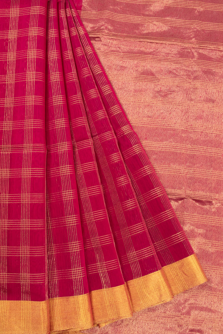 Maroon Chanderi Silk Cotton Saree With Zari Checks