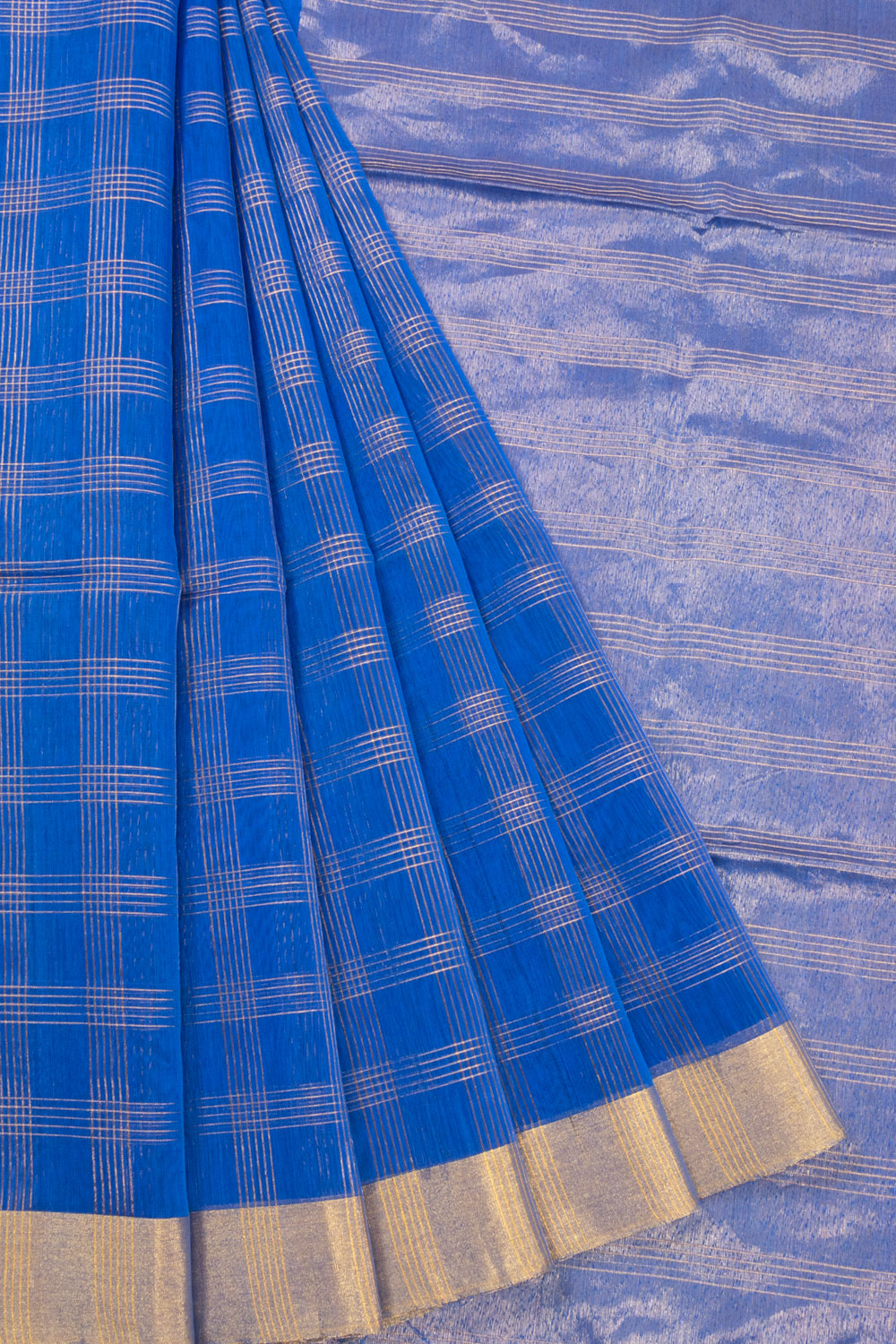 Azure Blue Handwoven Chanderi Silk Cotton Saree With Zari Checks