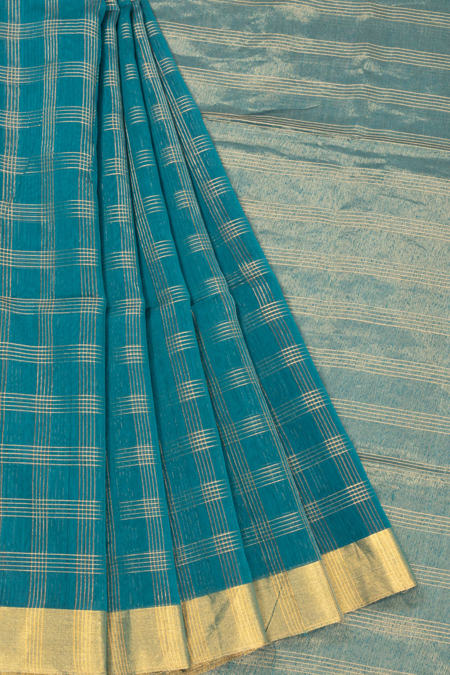 Blue Handwoven Chanderi Silk Cotton Saree With Zari Checks