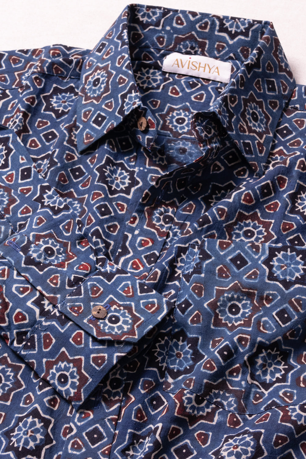 Blue Full Sleeve Ajrakh Printed Cotton Mens Shirt