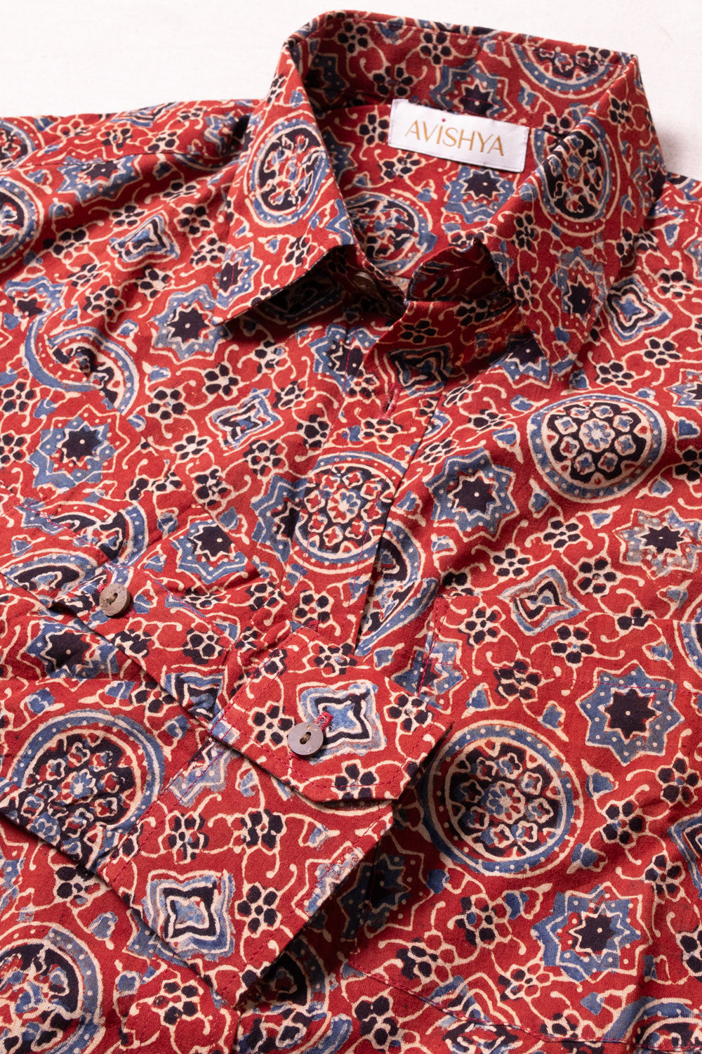 Red Full Sleeve Ajrakh Printed Cotton Mens Shirt