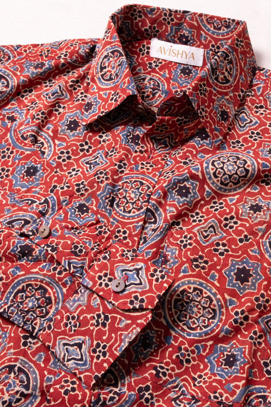 Red Ajrakh Printed Cotton Mens Shirt 10071158