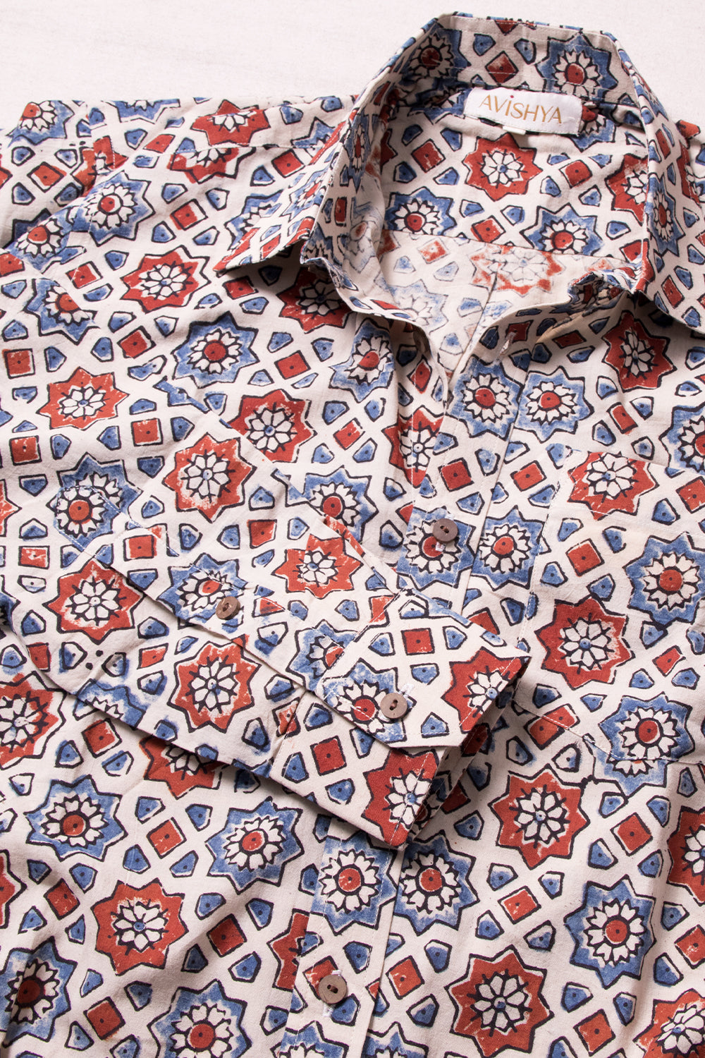 Cream Full Sleeve Ajrakh Printed Cotton Mens Shirt