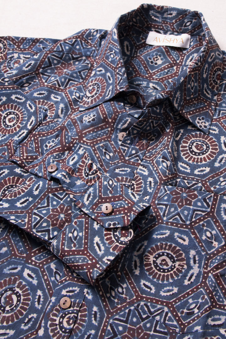 Blue Full Sleeve Ajrakh Printed Cotton Mens Shirt