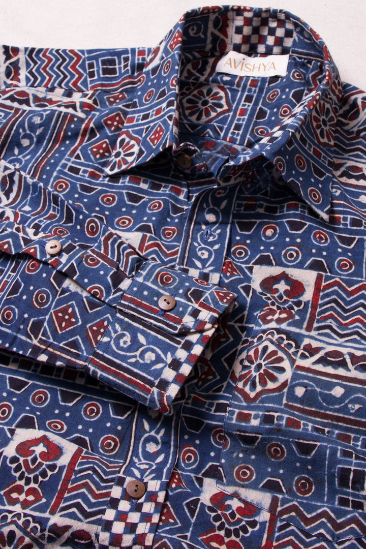 Blue Ajrakh Printed Cotton Mens Shirt 