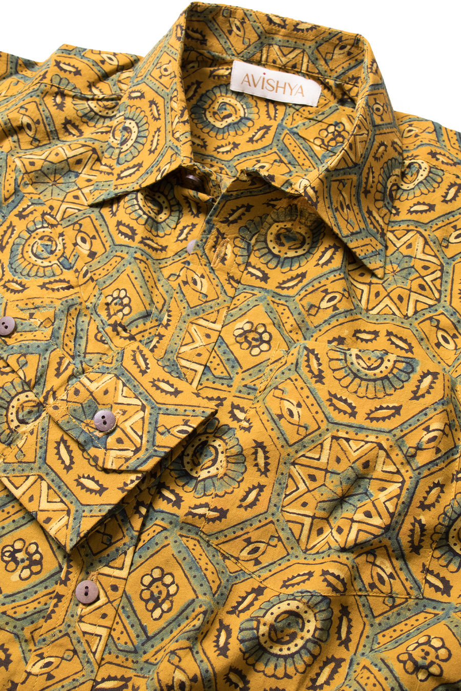 Yellow Full Sleeve Ajrakh Printed Cotton Mens Shirt