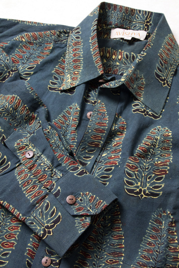 Blue Full Sleeve Ajrakh Printed Cotton Mens Shirt