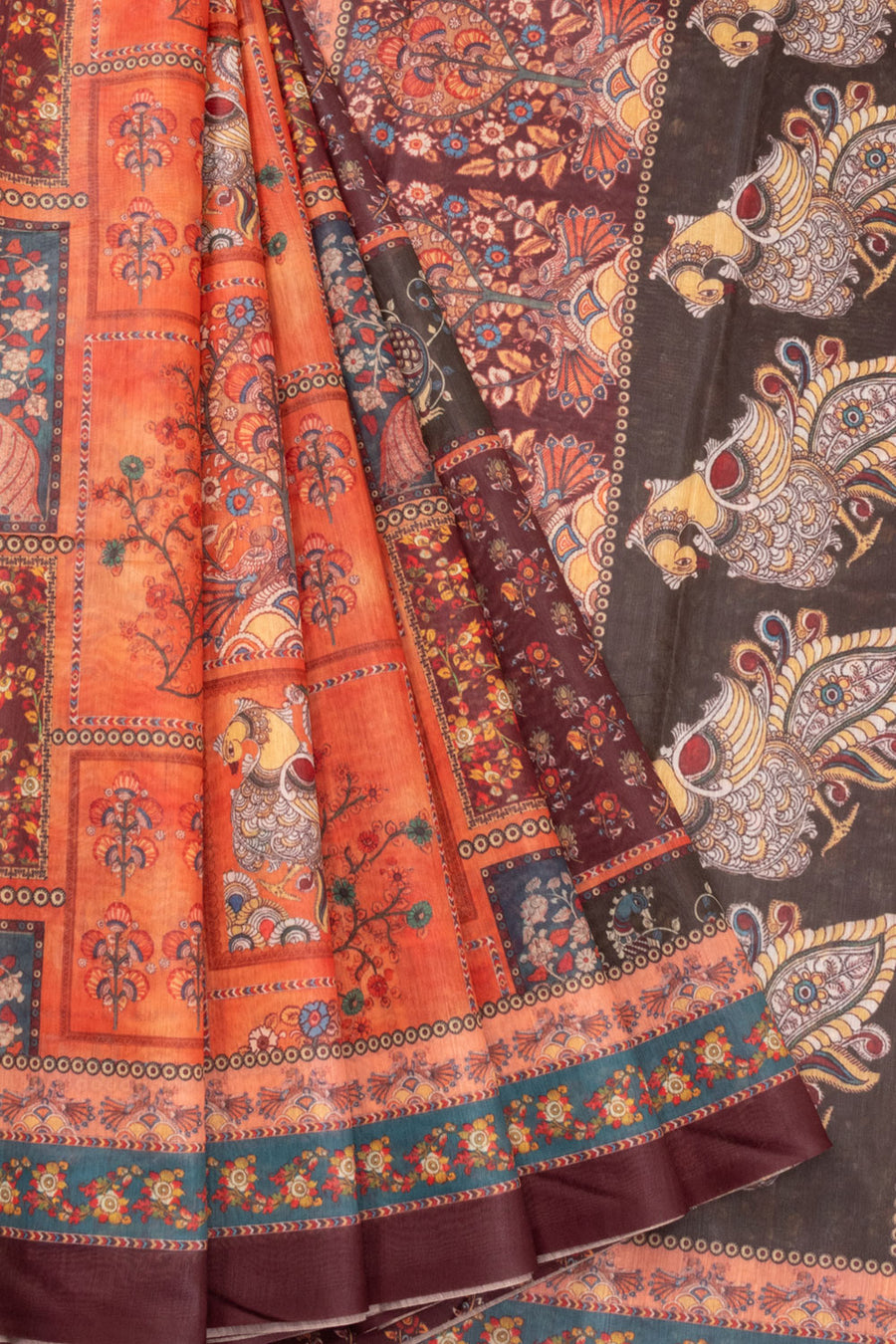 Orange Kalamkari Printed Malai Cotton Saree