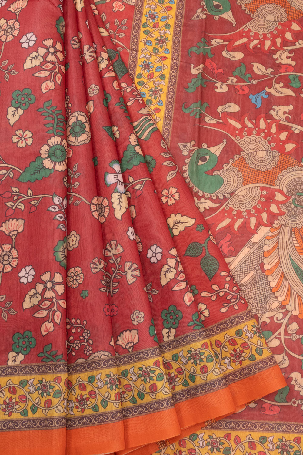 Auburn Maroon Printed Kalamkari Malai Cotton Saree