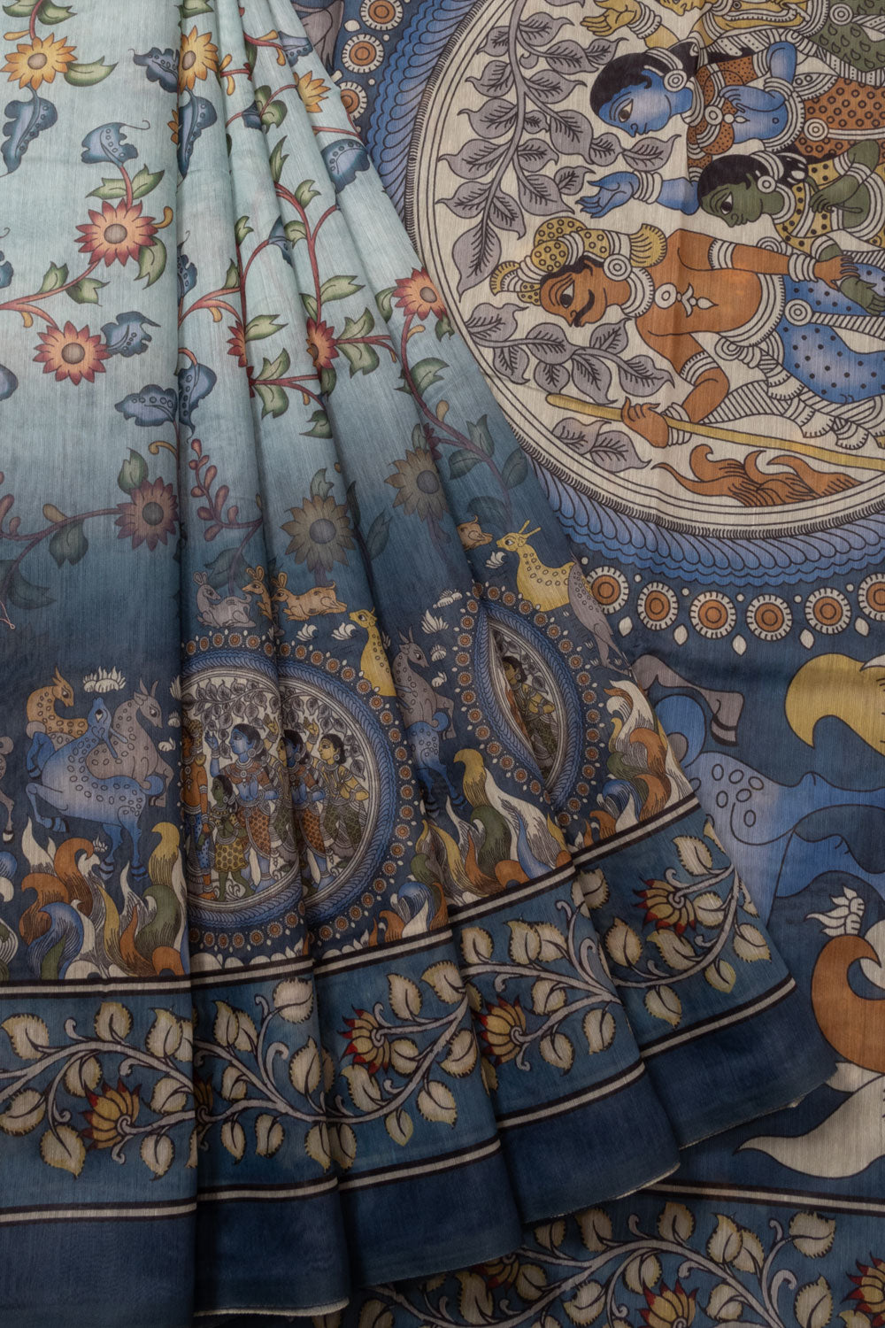 Powder Blue Kalamkari Print Malai Cotton Saree