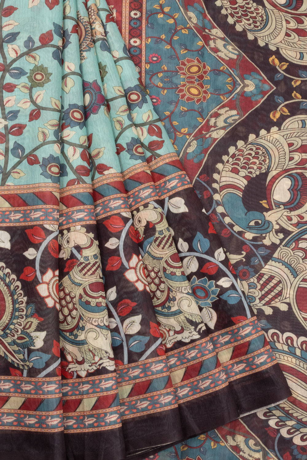 Powder Blue Kalamkari Print Malai Cotton Saree