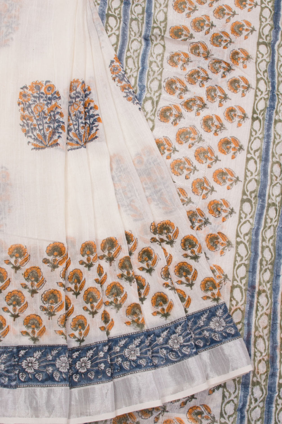 White Hand Block Printed Linen Saree