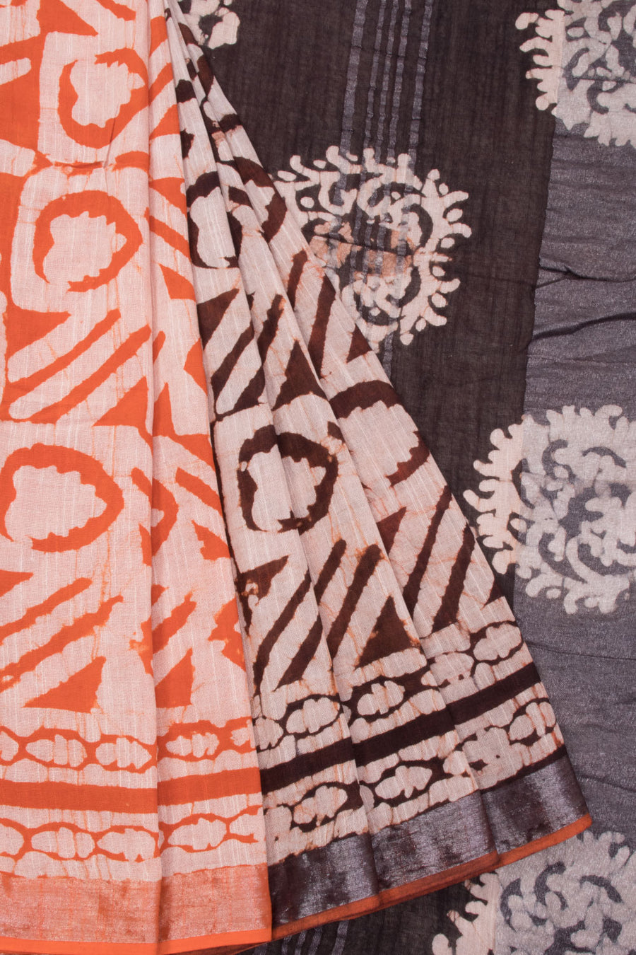 Brown And Orange Half & Half Hand Block Printed Linen Saree 