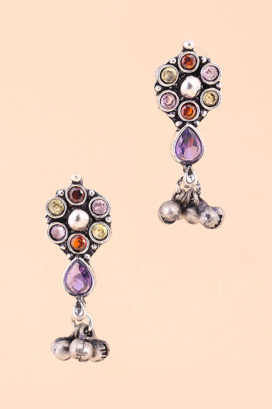 Multi Stone Oxidised Earring With Ghungroo