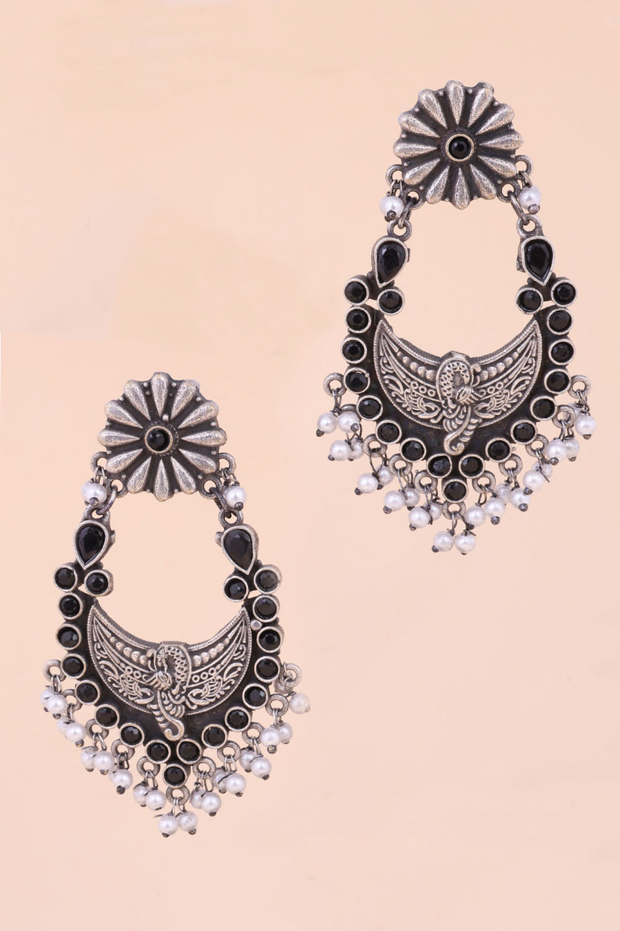 Oxidised Chaandbalis Earring With Peacock Motif