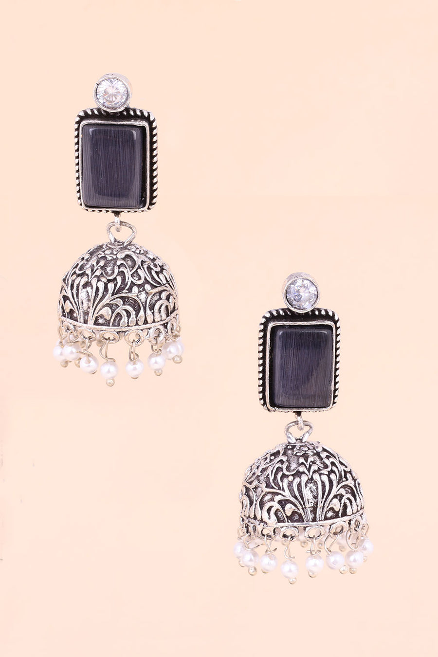 Oxidised Black Stone Dome Jhumka