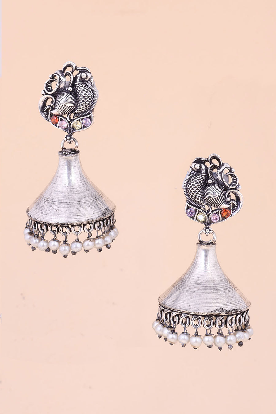 Multi Colour Oxidised Earring With Peacock Motif