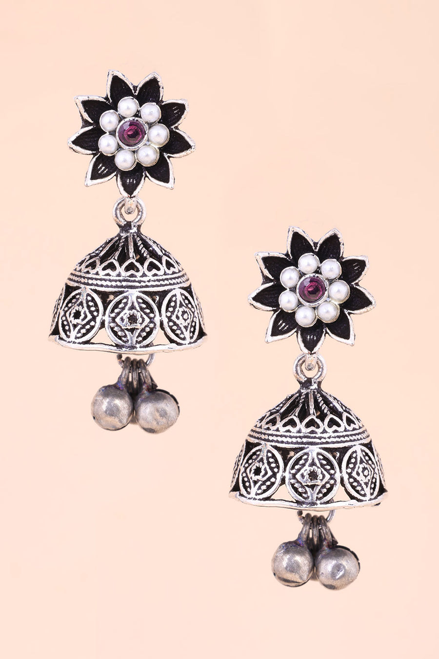 Oxidised Floral Earring With Pearls