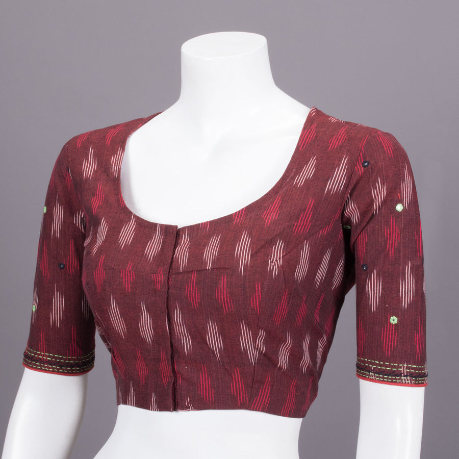 Maroon Ikat Mirror Work Embroidered Cotton Blouse