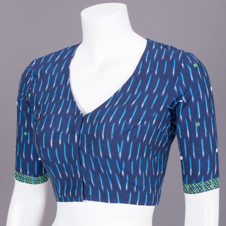 Blue Ikat Mirror Work Embroidered Cotton Blouse