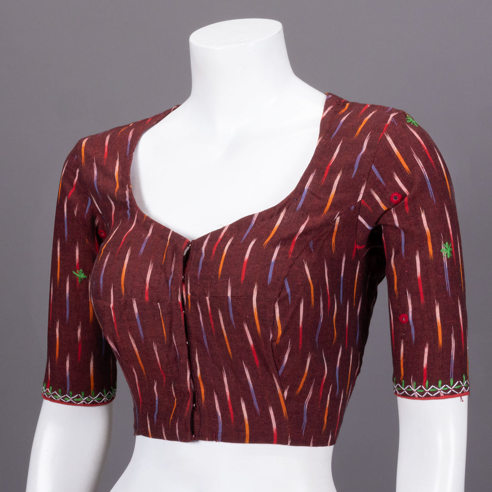 Maroon Ikat Mirror Work Embroidered Cotton Blouse