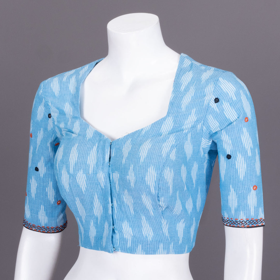 Blue Ikat Mirror Work Embroidered Cotton Blouse