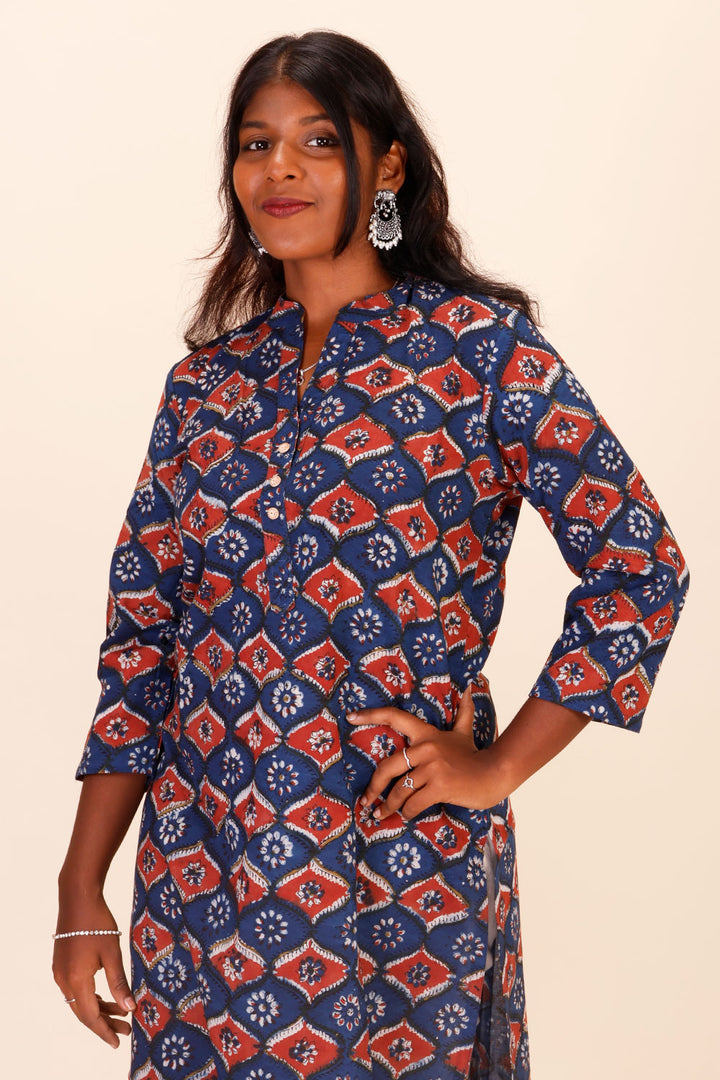 Blue Hand Block Printed Cotton Kurta 10071505