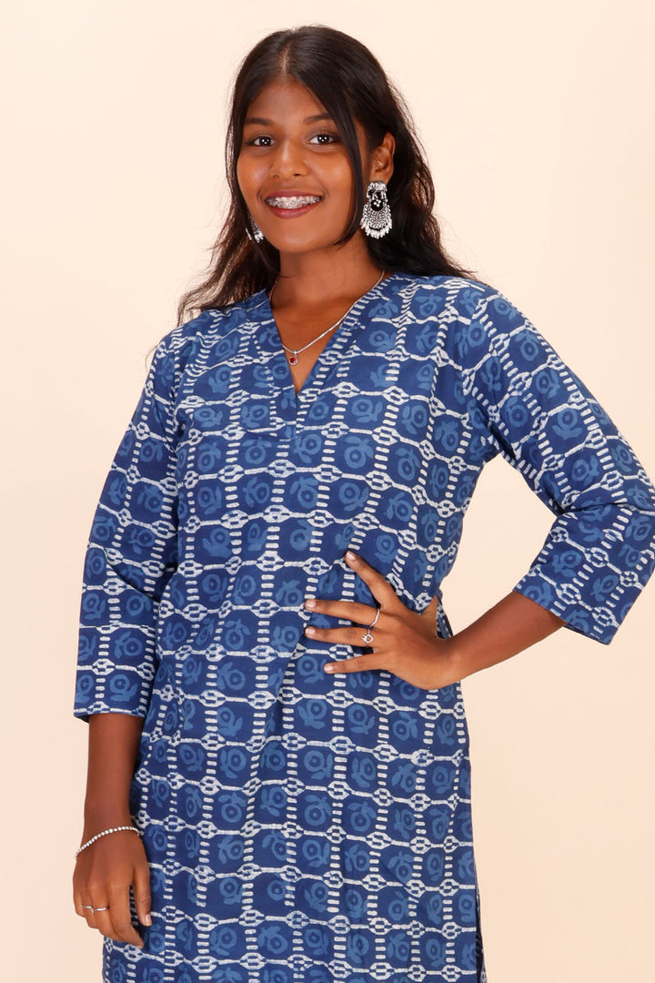 Blue Hand Block Printed Cotton Kurta 10071509