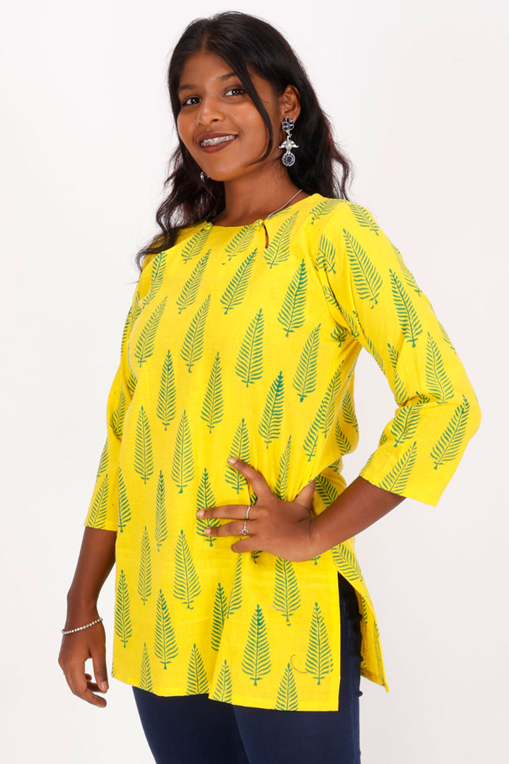 Yellow Gamthi Print Cotton Kurti 