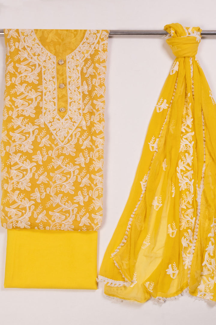 Yellow Embroidered 3-Piece Silk Cotton Salwar Suit Material 