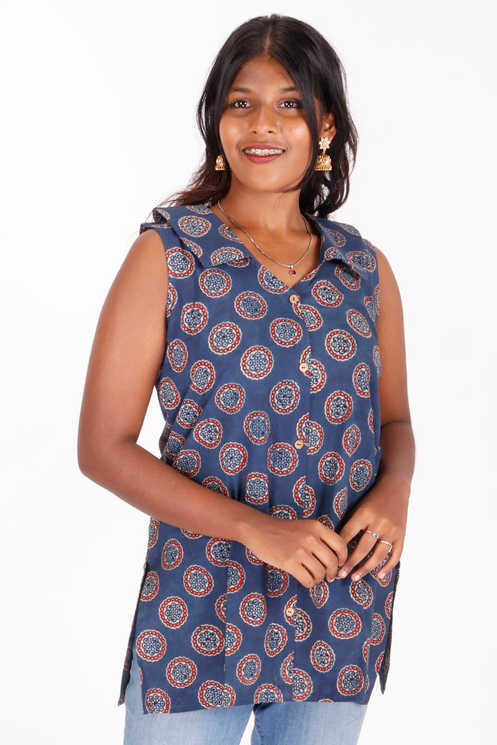 Blue Ajrakh Printed Cotton Kurti 