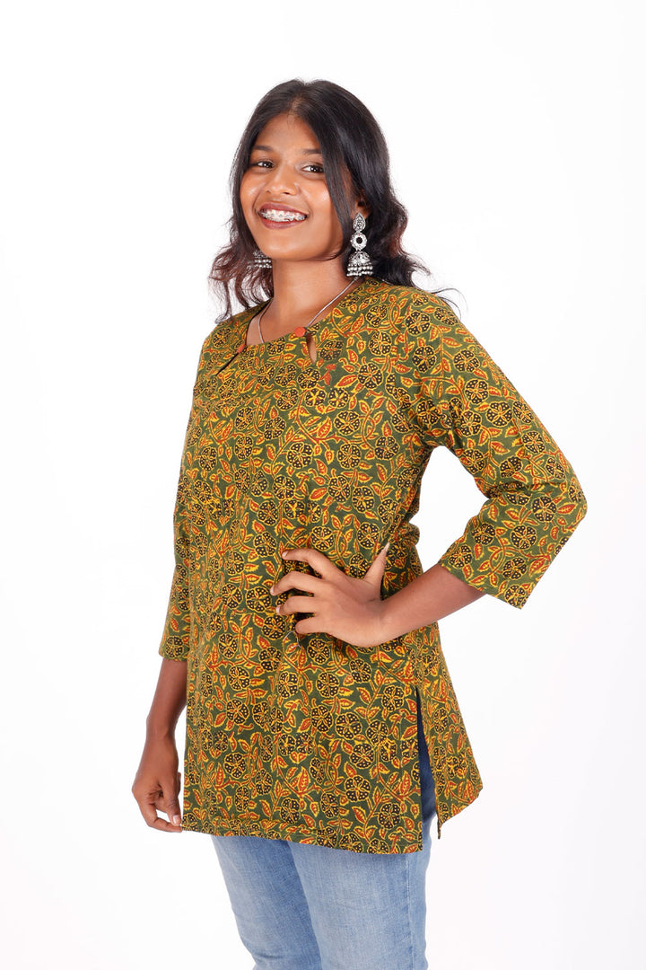 Green Ajrakh Printed Cotton Kurti