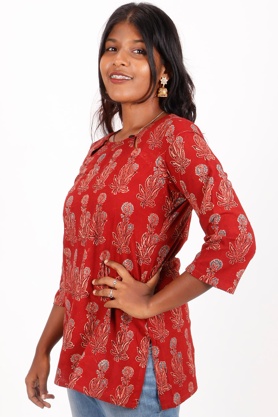 Red Ajrakh Printed Cotton Kurti 