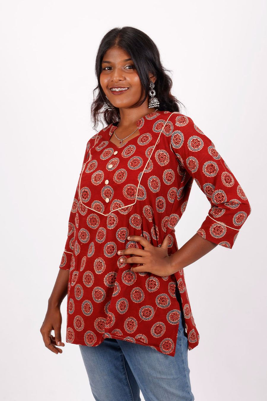 Red Ajrakh Printed Cotton Kurti