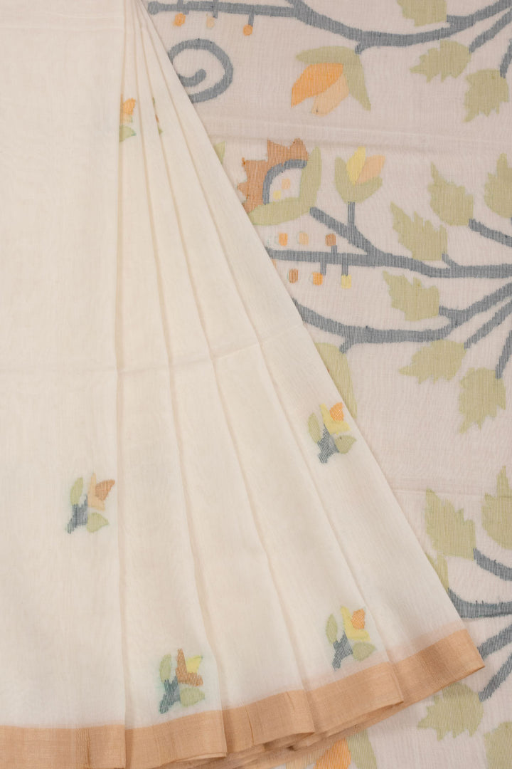 White Handspun And Handwoven Jamdani Cotton Saree 10072199