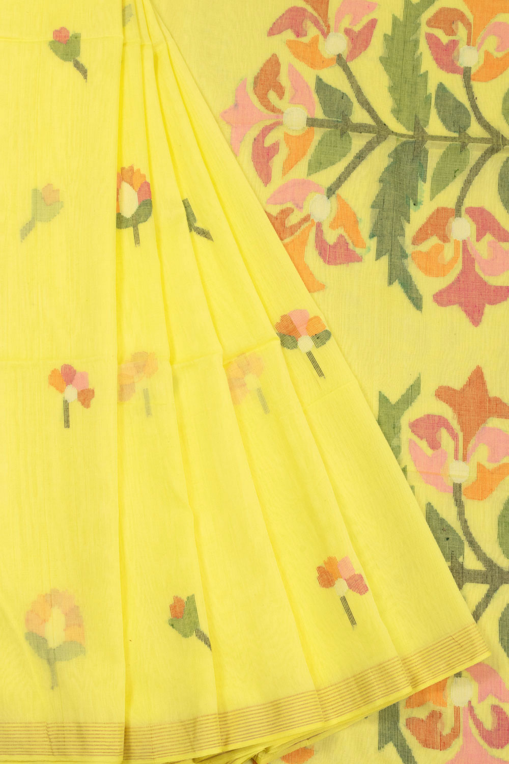 Yellow Handspun And Handwoven Jamdani Cotton Saree 10072200