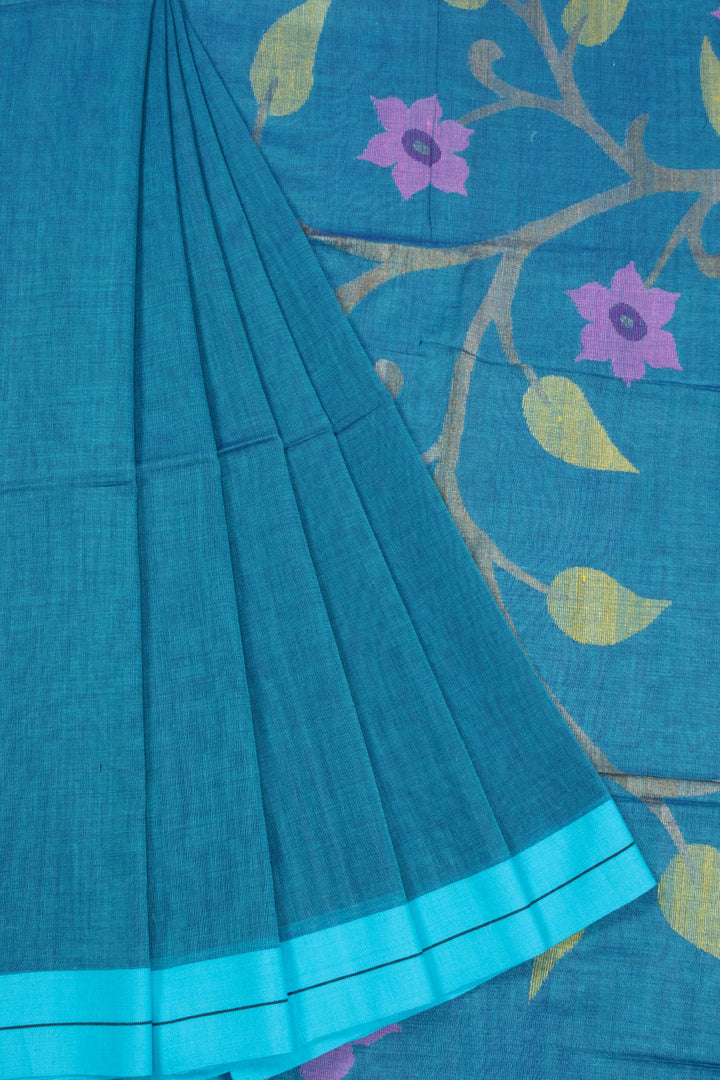 Blue Handspun And Handwoven Jamdani Cotton Saree 10072201