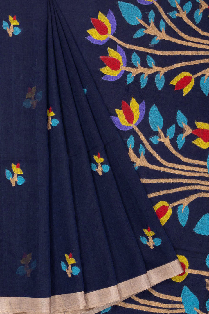 Blue Handspun And Handwoven Jamdani Cotton Saree 10072203