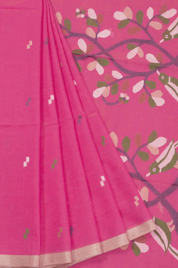 Pink Handspun And Handwoven Jamdani Cotton Saree 10072205