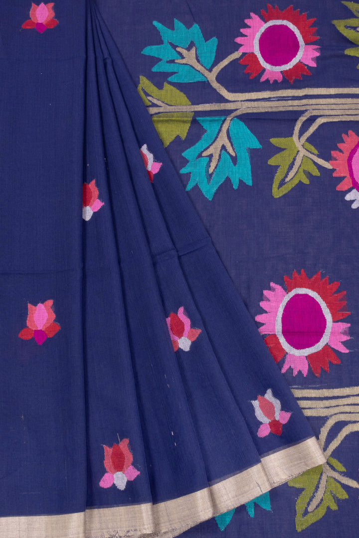 Blue Handspun And Handwoven Jamdani Cotton Saree 10072206